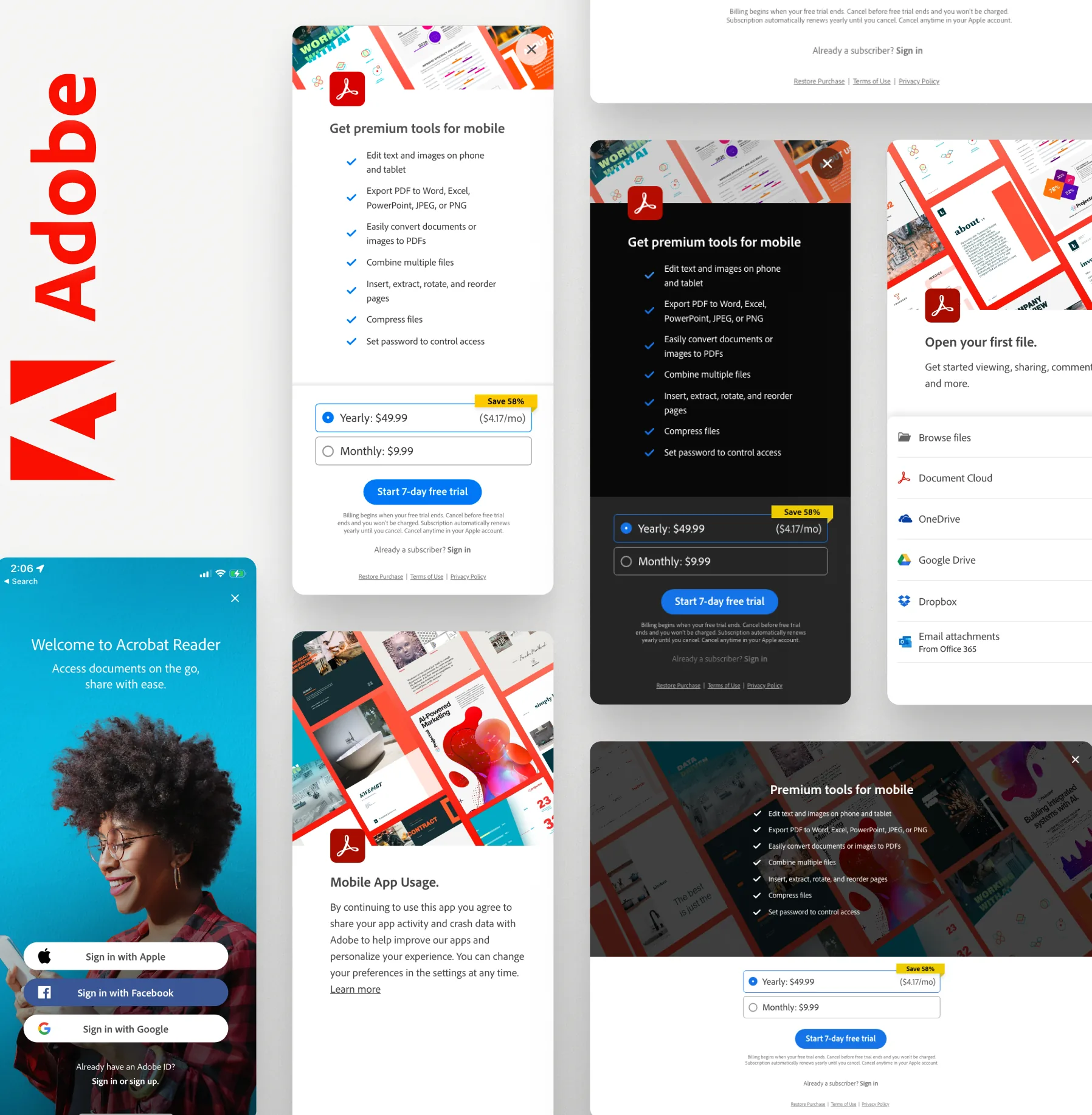 Adobe Acrobat: mobile and tablet onboarding UX design and interactive prototype (screen 1)