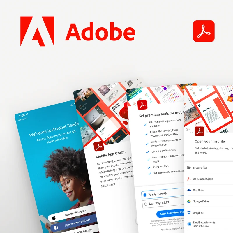 Adobe Acrobat: mobile and tablet onboarding UX design and interactive prototype
