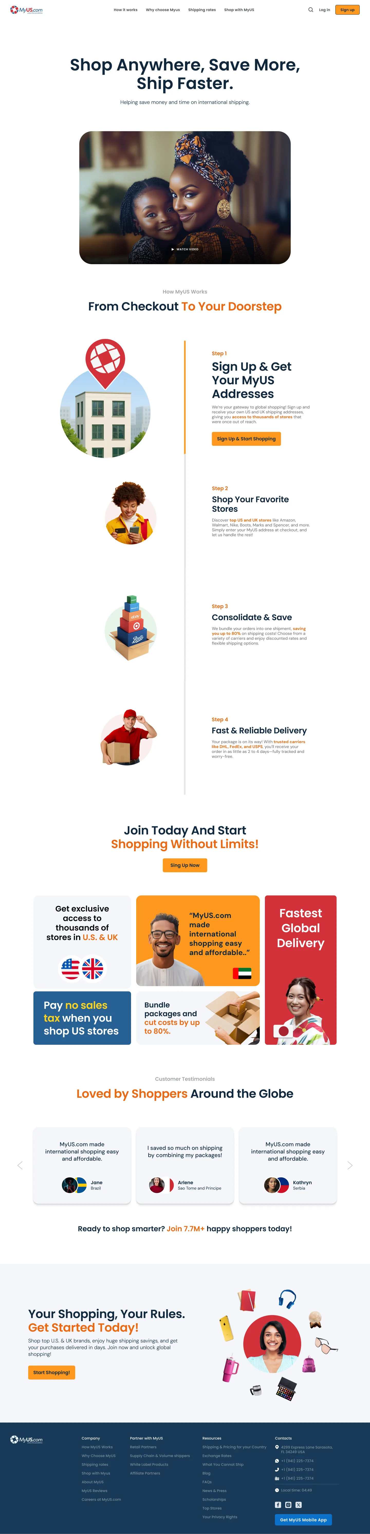 MyUS.com landing page redesign, full page: hero, four step how it works section, benefits grid, customer testimonials, and footer