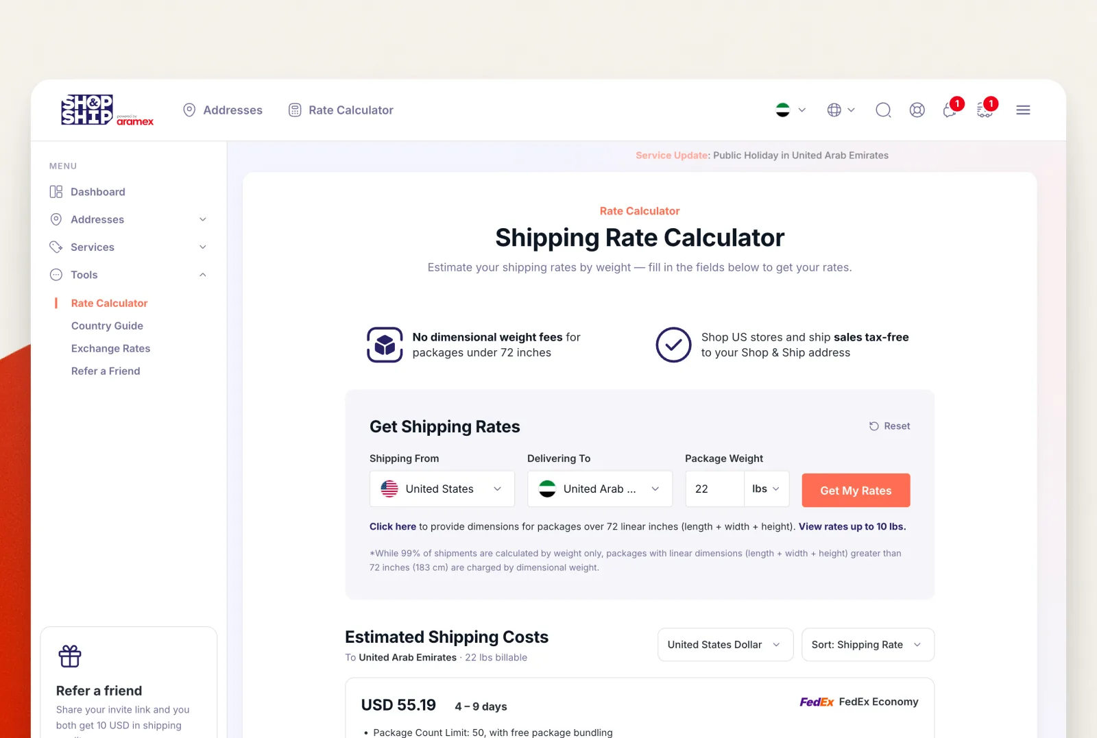 Shop & Ship by Aramex: cross-border shipping platform product design (screen 1)
