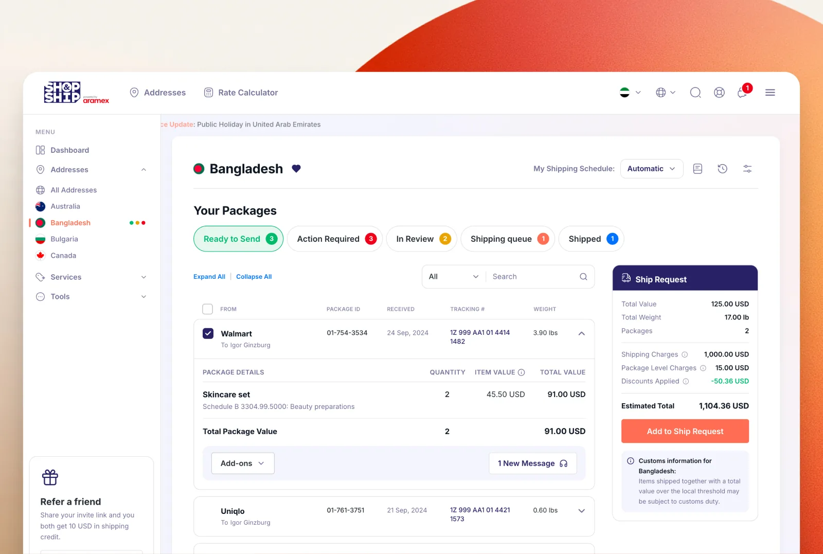 Shop & Ship by Aramex: cross-border shipping platform product design (screen 4)